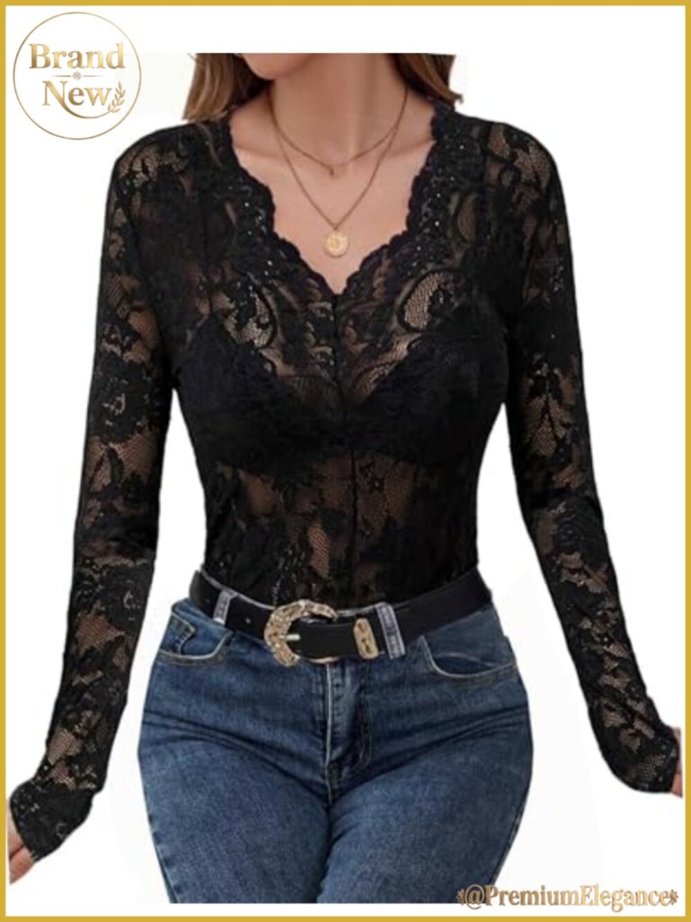 Women's Sheer Floral Lace V-Neck Long Sleeve Blouse Top